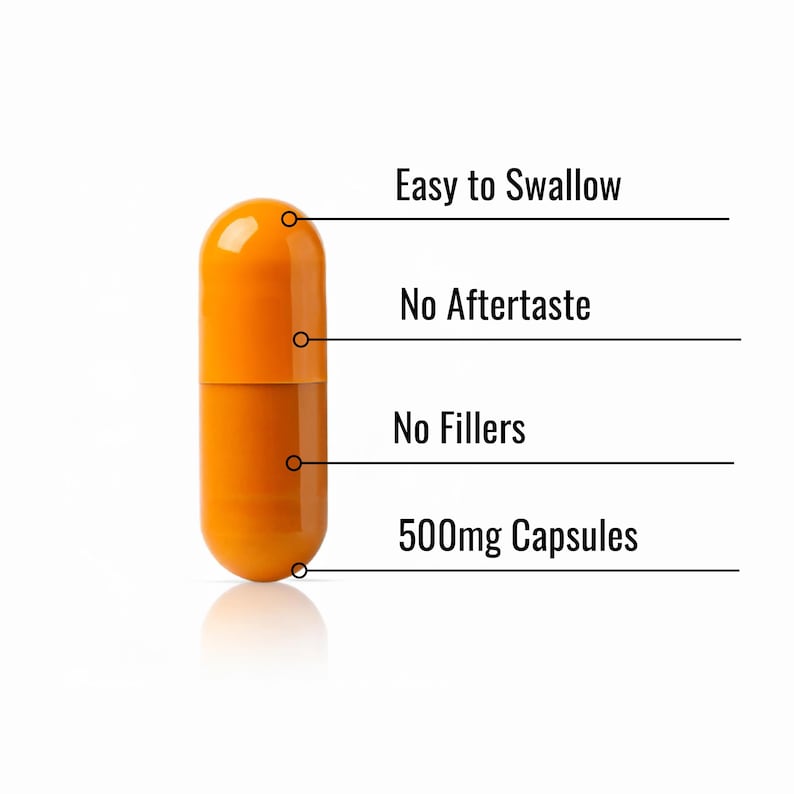 May include: An orange capsule with the text "Easy to Swallow", "No Aftertaste", "No Fillers", and "500mg Capsules". The capsule is a solid orange color and is split into two parts.