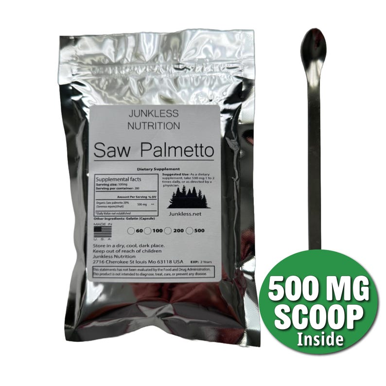 May include: A silver foil pouch of "Saw Palmetto" dietary supplement with a black scoop. The label includes supplemental facts and the text "Junkless Nutrition." A green circle indicates a 500 mg scoop inside.