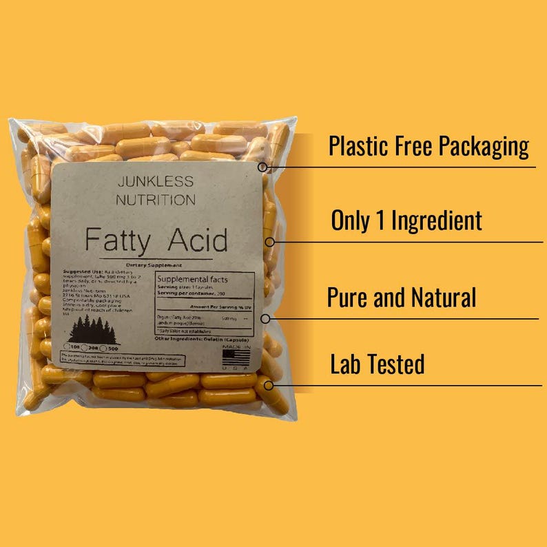 May include: A clear plastic bag filled with yellow capsules, featuring a label that reads Junkless Nutrition Fatty Acid. The label includes supplemental facts and a tree graphic. Text points to features: Plastic Free Packaging, Only 1 Ingredient, Pure and Natural, and Lab Tested.