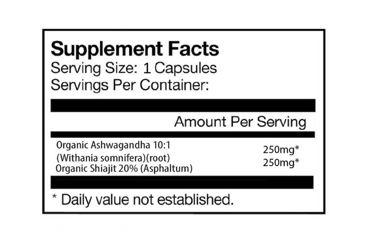 May include: A white label with black text detailing supplement facts. The label includes the text "Supplement Facts", serving size, and the amounts of organic Ashwagandha and Shiajit per serving. The text "Daily value not established" is also present.