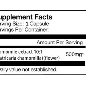 May include: A white label with black text detailing supplement facts. It lists the serving size as 1 capsule and includes information on chamomile extract, with 500mg per serving. The text also notes that the daily value is not established.