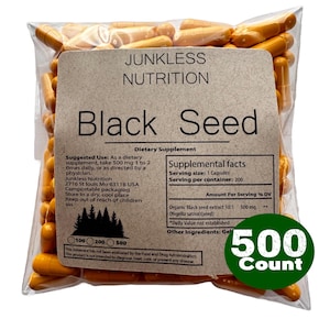 May include: A clear plastic bag filled with orange capsules, labeled "Black Seed" by Junkless Nutrition. The label includes supplement facts and a "500 Count" sticker. The capsules are a dietary supplement.