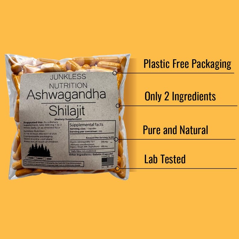 May include: A clear plastic bag filled with yellow capsules. The label reads "Junkless Nutrition Ashwagandha Shilajit Dietary Supplement." Text on the label includes "Plastic Free Packaging," "Only 2 Ingredients," "Pure and Natural," and "Lab Tested."