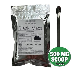 May include: A silver pouch of "Black Maca" dietary supplement by Junkless Nutrition, with a black and white label. A metal scoop and a green circle with "500 MG SCOOP Inside" text are also visible.