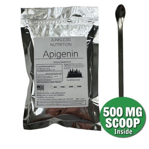 May include: A silver pouch of Apigenin dietary supplement with a white label. A stainless steel scoop and a green circle with the text "500 MG SCOOP Inside" are also visible.
