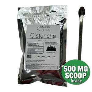 May include: A silver pouch of "Junkless Nutrition Cistanche" dietary supplement with a white label. A metal scoop and a green circle with "500 MG SCOOP Inside" text are also visible. The label includes supplement facts and instructions.