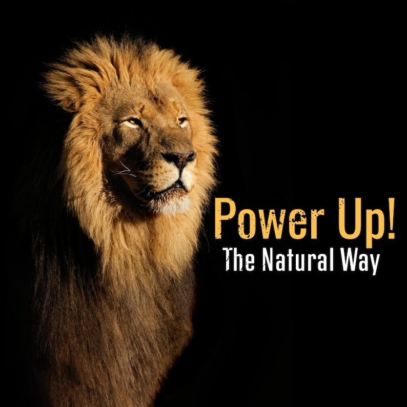 May include: A majestic lion with a golden mane and focused gaze against a black background. The image includes the text "Power Up! The Natural Way" in yellow, suggesting a theme of natural strength or wellness.