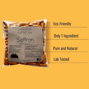 May include: A clear plastic bag filled with orange capsules, labeled "Junkless Nutrition Saffron." The label highlights "Eco-Friendly," "Only 1 Ingredient," "Pure and Natural," and "Lab Tested" on a yellow background.