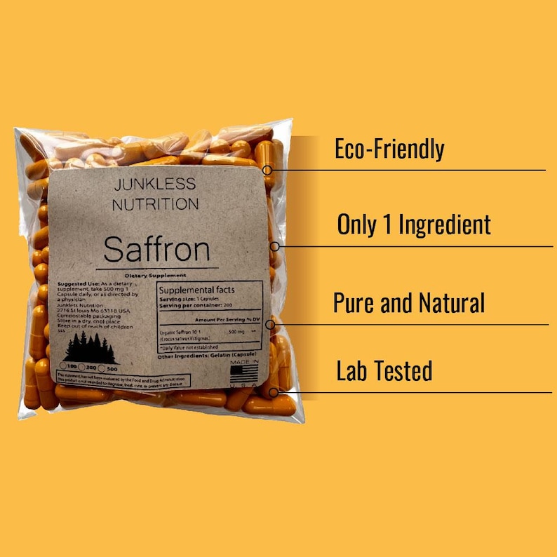 May include: A clear plastic bag filled with orange capsules, labeled "Junkless Nutrition Saffron." The label highlights "Eco-Friendly," "Only 1 Ingredient," "Pure and Natural," and "Lab Tested" on a yellow background.
