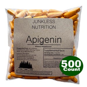 May include: A transparent bag containing orange capsules. The label reads "Junkless Nutrition Apigenin Dietary Supplement." A green circle indicates a 500 count. The product is a dietary supplement.