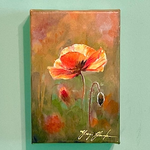 Original Poppy Painting: Small Acrylic Flower Art, 4x6 Stretched Canvas
