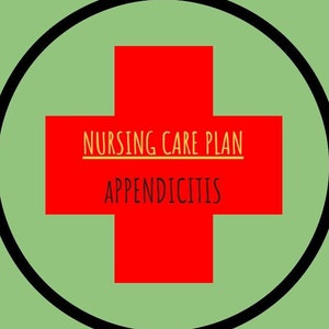 Puede incluir: Un gráfico con una cruz roja sobre un fondo verde claro, rodeado por un círculo negro. El texto "NURSING CARE PLAN" está encima de "APPENDICITIS" en una fuente sans-serif.