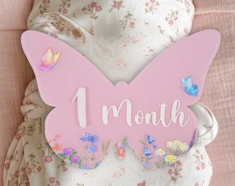 Acrylic Butterfly Baby Milestone Cards • Wildflower Monthly Photo Props • Baby Shower Gift for Newborn Girls, Keepsake Nursery Decor