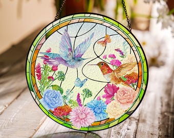 Hummingbird Glass Suncatcher Floral Window Hanging Ornament Sun Catcher Garden Decor Stained Glass Style Round Hanging Glass Panel