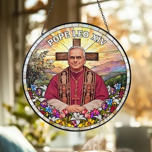 Pope Leo XIV Stained Glass Suncatcher, Catholic Window Hanging Decor, Christian Religious Gift, Custom Church Ornament