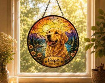 Personalized Pet Memorial Suncatcher, Custom Dog Cat Portrait Stained Glass Window Hanging, Add Name Date, Pet Loss Gift