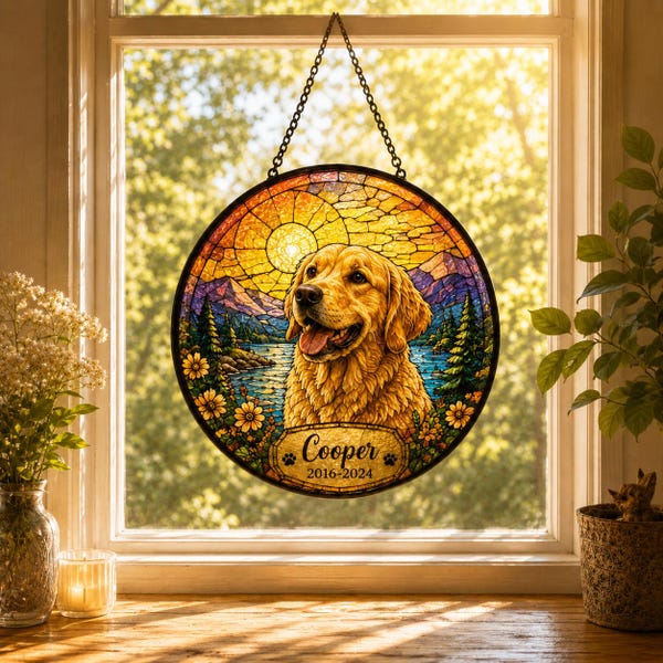 Personalized Pet Memorial Suncatcher, Custom Dog Cat Portrait Stained Glass Window Hanging, Add Name Date, Pet Loss Gift