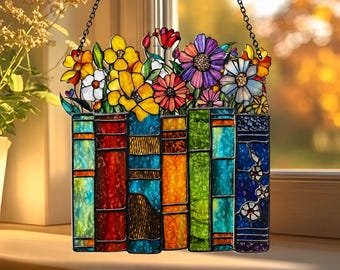 Book Lover Suncatcher, Colorful Books and Flowers Acrylic Window Hanging, Literary Gift for Readers, Rainbow Sun Catcher, Mothers Day Gift