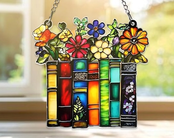 Buch-Liebhaber Acryl Suncatcher, Glasmalerei Stil Bücherregal Fenster hängen, Blumen Buch Dekor, Lehrer Bibliothekar Geschenk