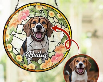 May include: A stained glass window hanging with a beagle dog illustration surrounded by flowers and the name "Bailey".