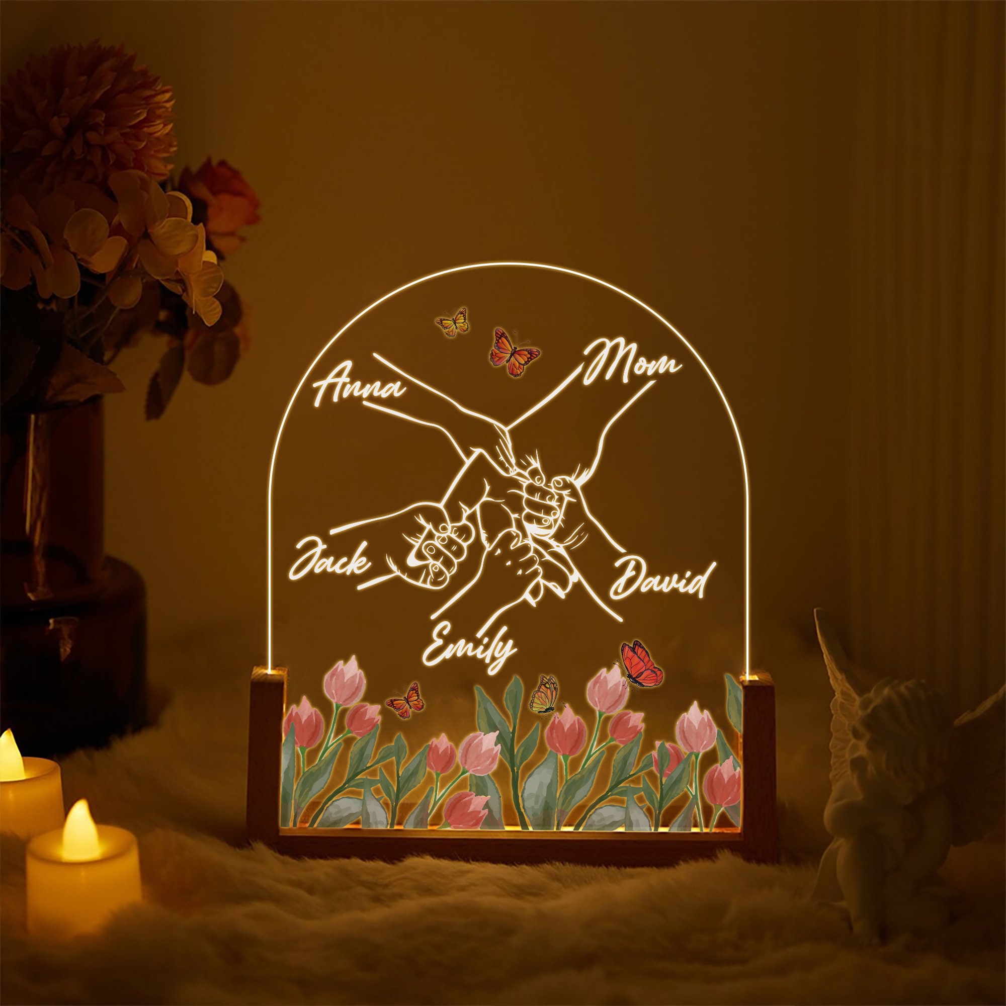 Personalized Mom and Kids Hand Acrylic Lamp |custom Family Name