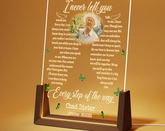 Custom Real Glass Memorial Light, Father's Day Loss of Dad Gift, Personalized Bereavement Photo Plaque, Grandpa Sympathy Wood Desk Lamp