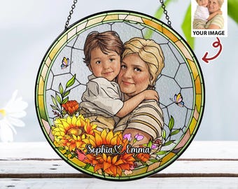 Custom Photo Suncatcher, Personalized Stained Glass Window Hanging, Gift for Grandma, Mom Gift from Daughter Son, Custom Family Portrait