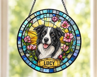 Personalized Dog Portrait Stained Glass Suncatcher, Custom Pet Memorial Stained Glass Photo Suncatcher, Dog Loss Keepsake, Pet Loss Gift