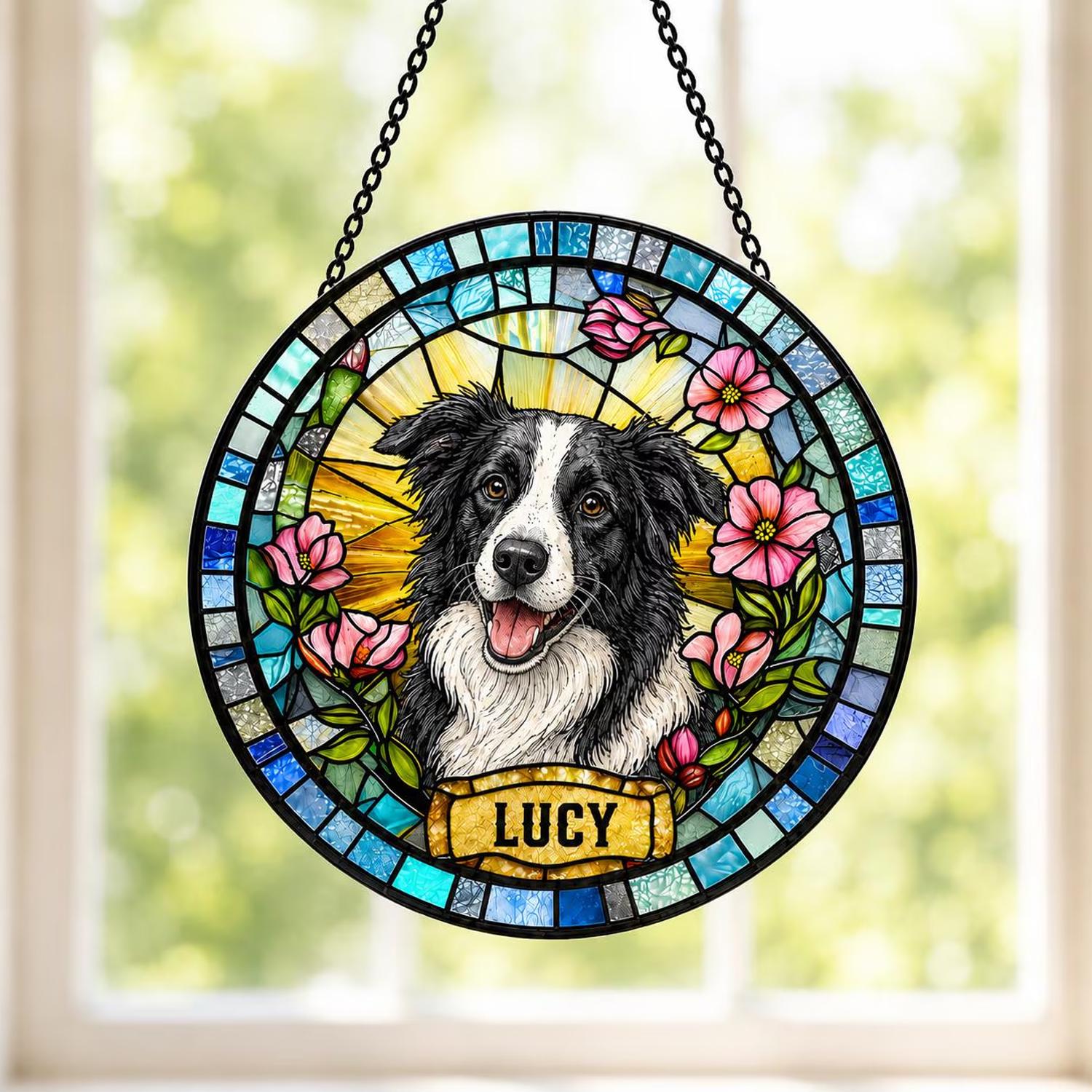 Personalized Dog Portrait Stained Glass Suncatcher, Custom Pet Memorial Stained Glass Photo Suncatcher, Dog Loss Keepsake, Pet Loss Gift