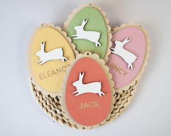 Personalized Easter Basket Tag – Birch Wood Egg with Bunny, Custom Kids Name Tag, Holiday Favor, Easter Gift, Spring Basket Decoration