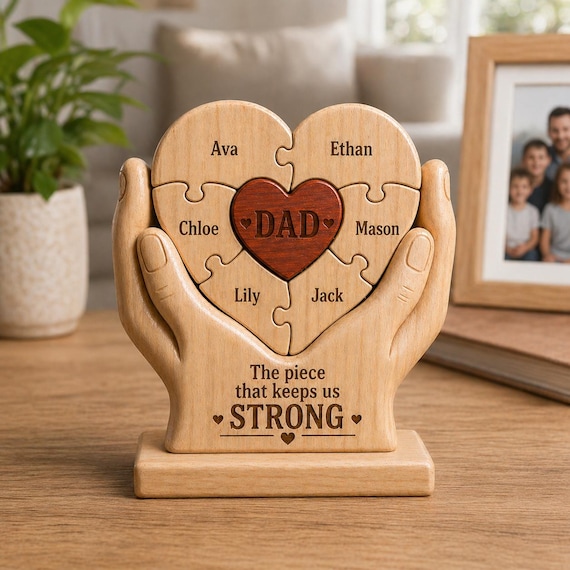 A heart-shaped wooden name puzzle that doubles as a Father's Day keepsake — kids' names spell out inside the heart, making it decorative and personal.