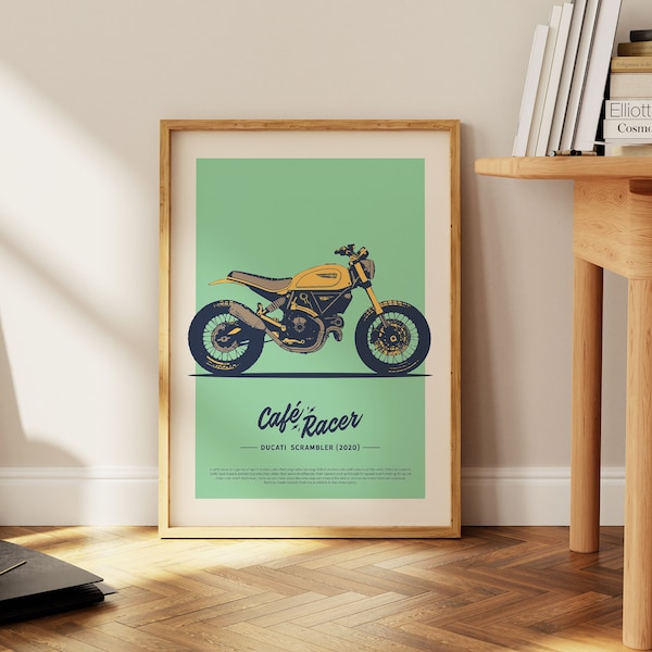 Modern Ducati Scrambler Café Racer, Motorcycle Print, Retro Bike Poster, Racing Bike Wall Art, Ducati Bike Print, Printable Bike Poster