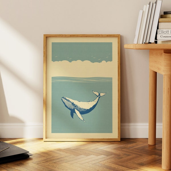 Retro Whale Art Poster, Vintage Wall Art, Blue Whale Print, Abstract Retro Poster, Whimsical Blue Whale Art Print