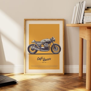 A vintage Cafe Racer motorcycle poster illustration on a yellow background