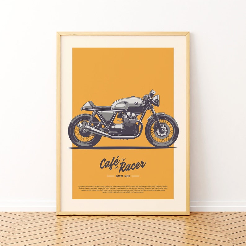 Image of a framed poster displayed on a white wall showcasing a vintage Cafe Racer Bike