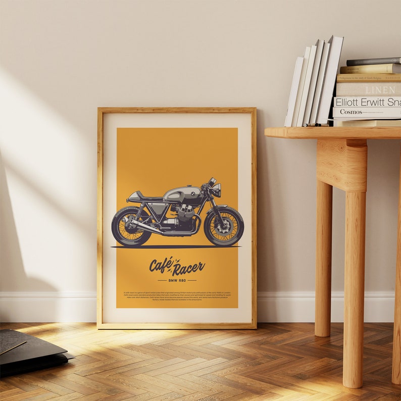 A vintage Cafe Racer motorcycle poster illustration on a yellow background