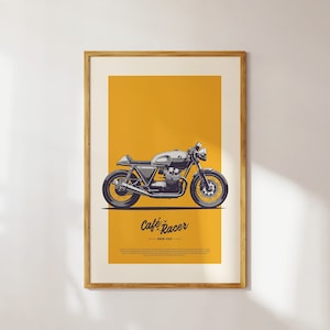 Image of a framed poster displayed on a white wall showcasing a vintage Cafe Racer Bike