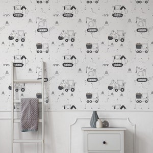 Little Diggers Removable Wallpaper, Peel & Stick Mural for Boys, Excavators and Cranes Nursery Wall, Neutral Construction Wall Covering, 012