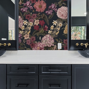Dark Vintage Floral Removable Wallpaper, Peony Flowers Watercolour Peel and Stick Mural, Romantic Pink Green Moody Flora Accent Wall, 039