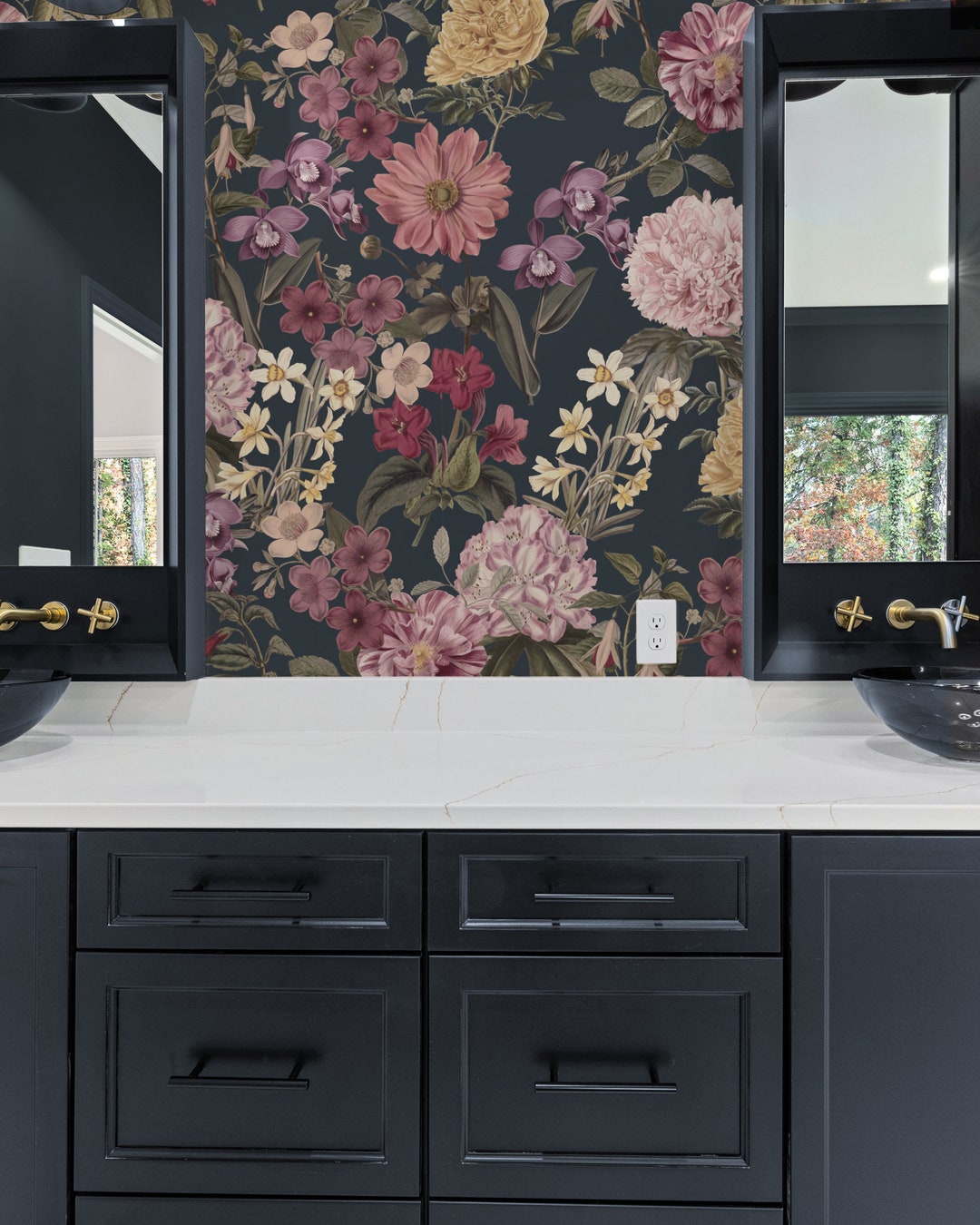 Dark Vintage Floral Removable Wallpaper, Peony Flowers Watercolour Peel