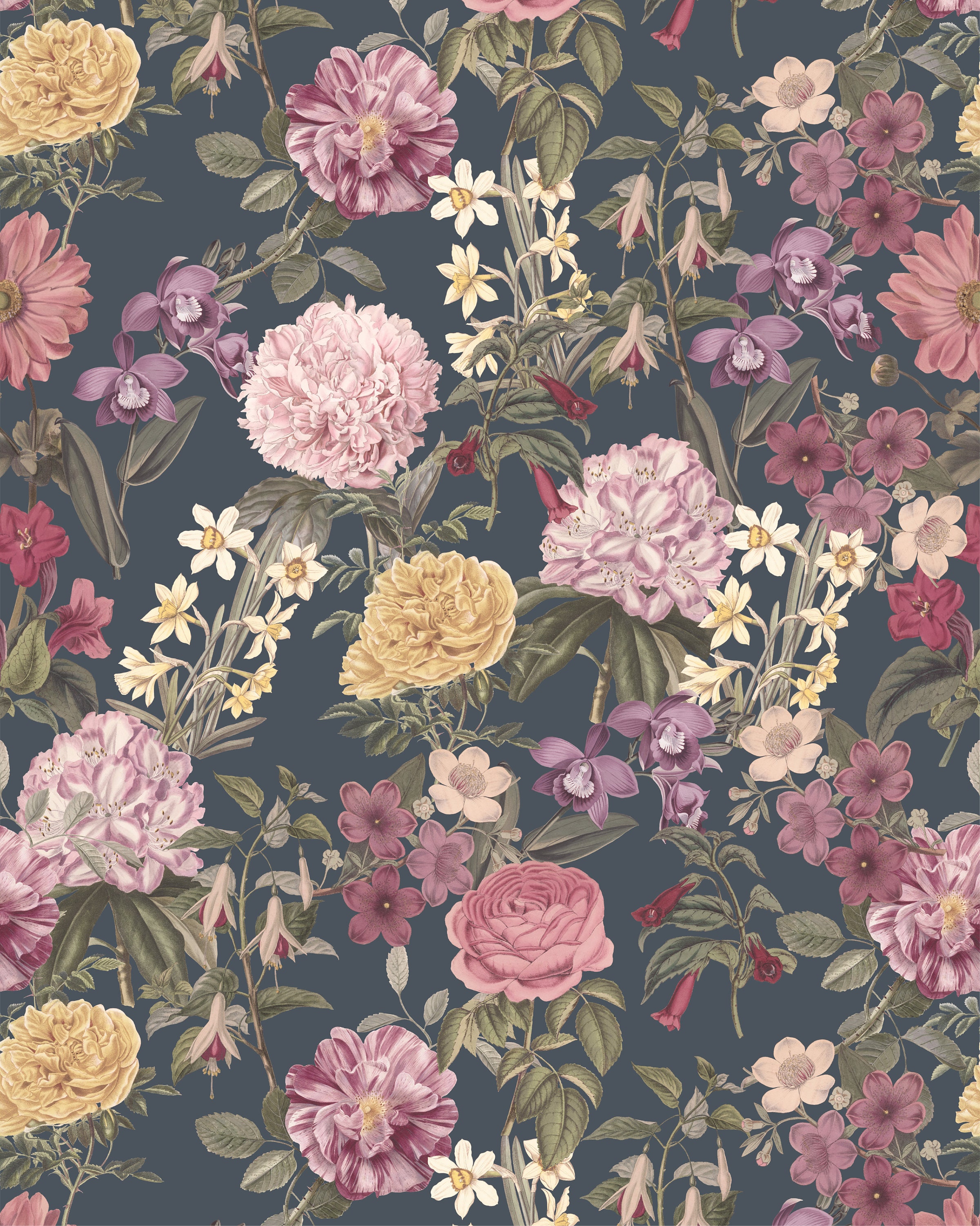 Dark Vintage Floral Removable Wallpaper, Peony Flowers Watercolour Peel