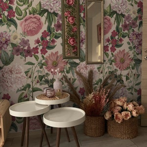 Grandes fleurs sauvages papier peint amovible, pivoine fleurs aquarelle peel and stick art mural, décoration murale romantique rose vert, 047