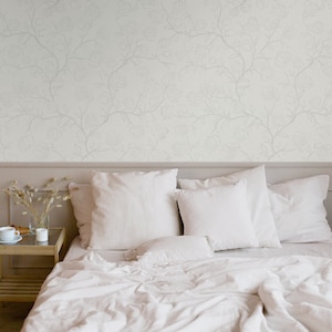 Jasmine Branches Removable Wallpaper, Light Chinoiserie Accent Wall, Minimal Boho Flora Leaves Peel & Stick Mural, Neutral Wallcovering, 027