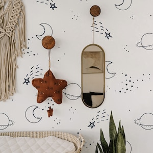 Outer Space Removable Wallpaper, Peel & Stick Mural for Boys, Planet, Stars and Moon Nursery Wall, Neutral Hand Drawn Wall Covering, 050
