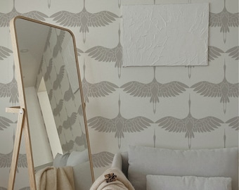 Mid Century Cranes Removable Wallpaper, Neutral White Swans Peel & Stick Mural, Art Deco Accent Wall, Modern Minimal Bird Wall Covering, 015