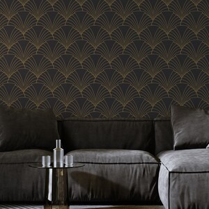 Deco Arches Removable Wallpaper, Peel & Stick Geometric Mural, Art Deco Accent Wall, Black and Gold Folding Fan, Gatsby Wall Covering, 002