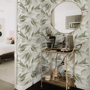 Light Sage Leaves Removable Wallpaper, Spring Botanical Peel and Stick Mural, Plant Theme Accent Wall, Watercolour Nature Wall Art, 043