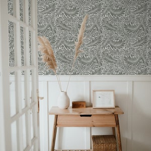 Midsummer Floral Removable Wallpaper, Spruce Green Botanical Peel and Stick Mural, Plant Theme  Accent Wall, Vintage Nature Wall Art, 025