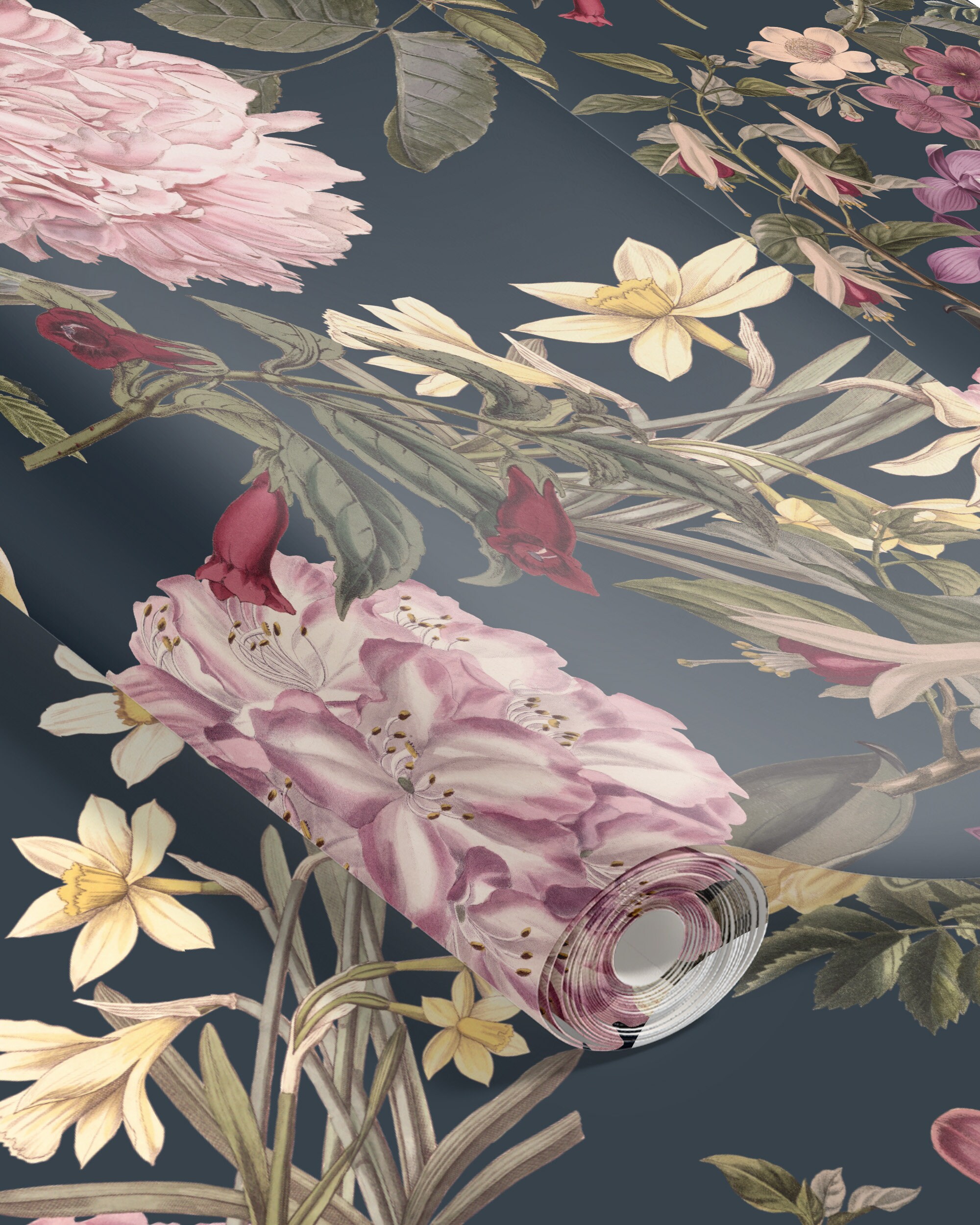 Dark Vintage Floral Removable Wallpaper, Peony Flowers Watercolour Peel