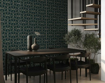 Deco Groove Removable Wallpaper, Peel & Stick Geometric Mural, Art Deco Accent Wall, Teal Green and Gold, Gatsby Wall Covering, 051